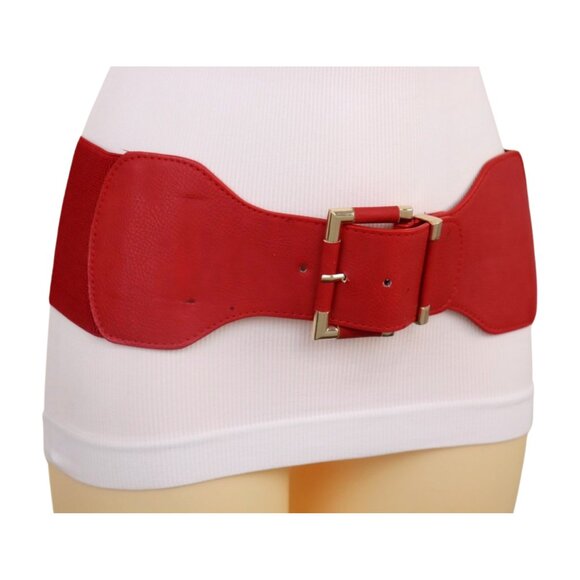 New Women Red Elastic Wide Fashion Belt Hip High Waist Gold Square Buckle S M - Picture 6 of 16